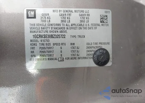 2011 Chevrolet Silverado 1500 Lt из США, поврежденный, VIN 1GCRKSE38BZ325722